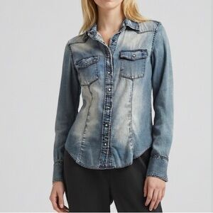 J. Crew Western snap shirt Small distressed denim Chambray top vintage EUC